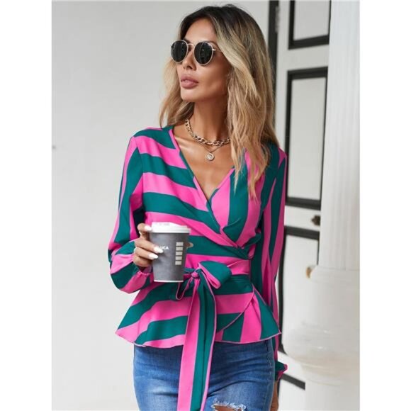 Striped Wrap Blouse with Tie Detail - Picture 3 of 8